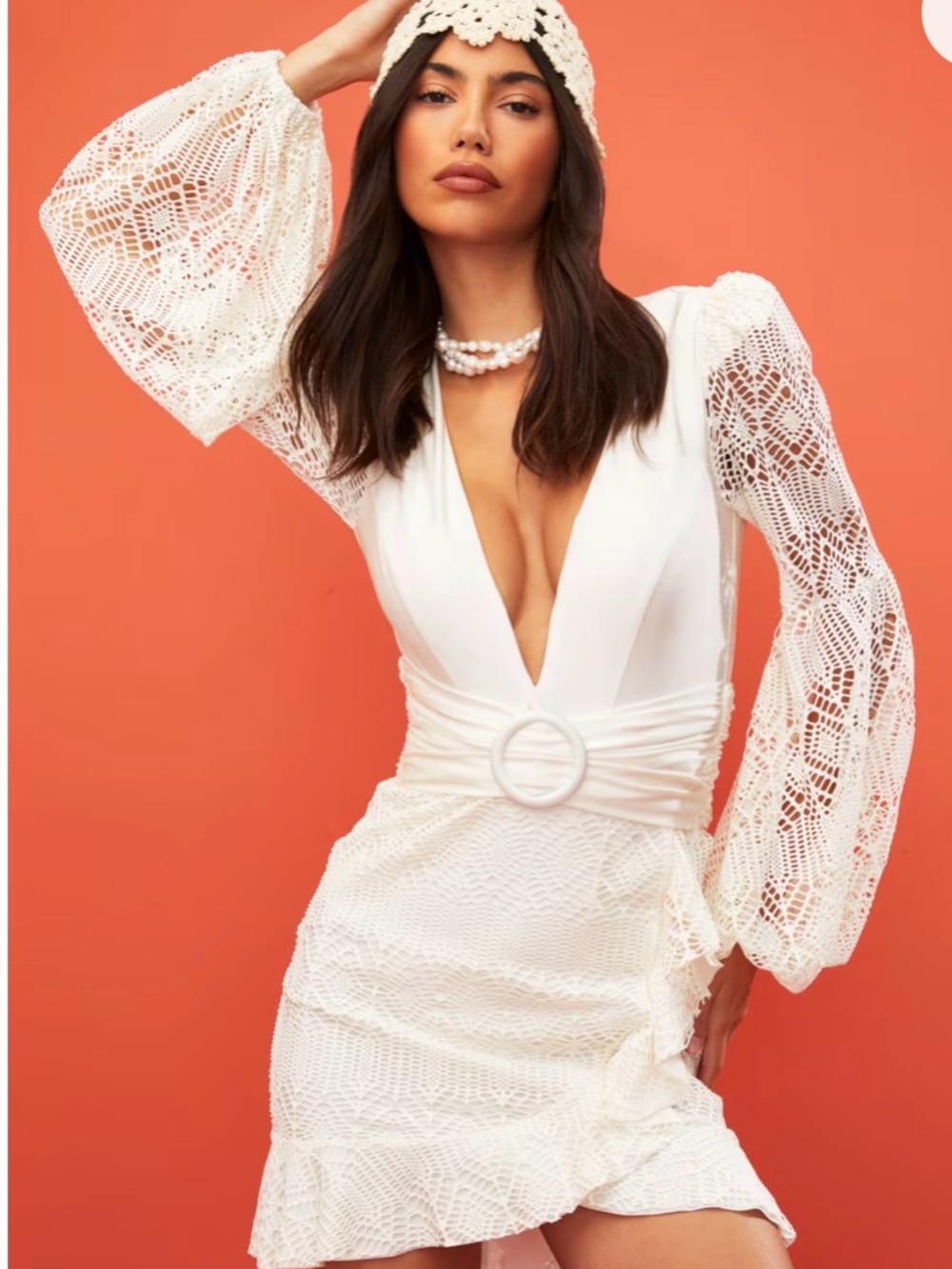 PatBO White Crochet Plunge-Bodice Mini Dress #153